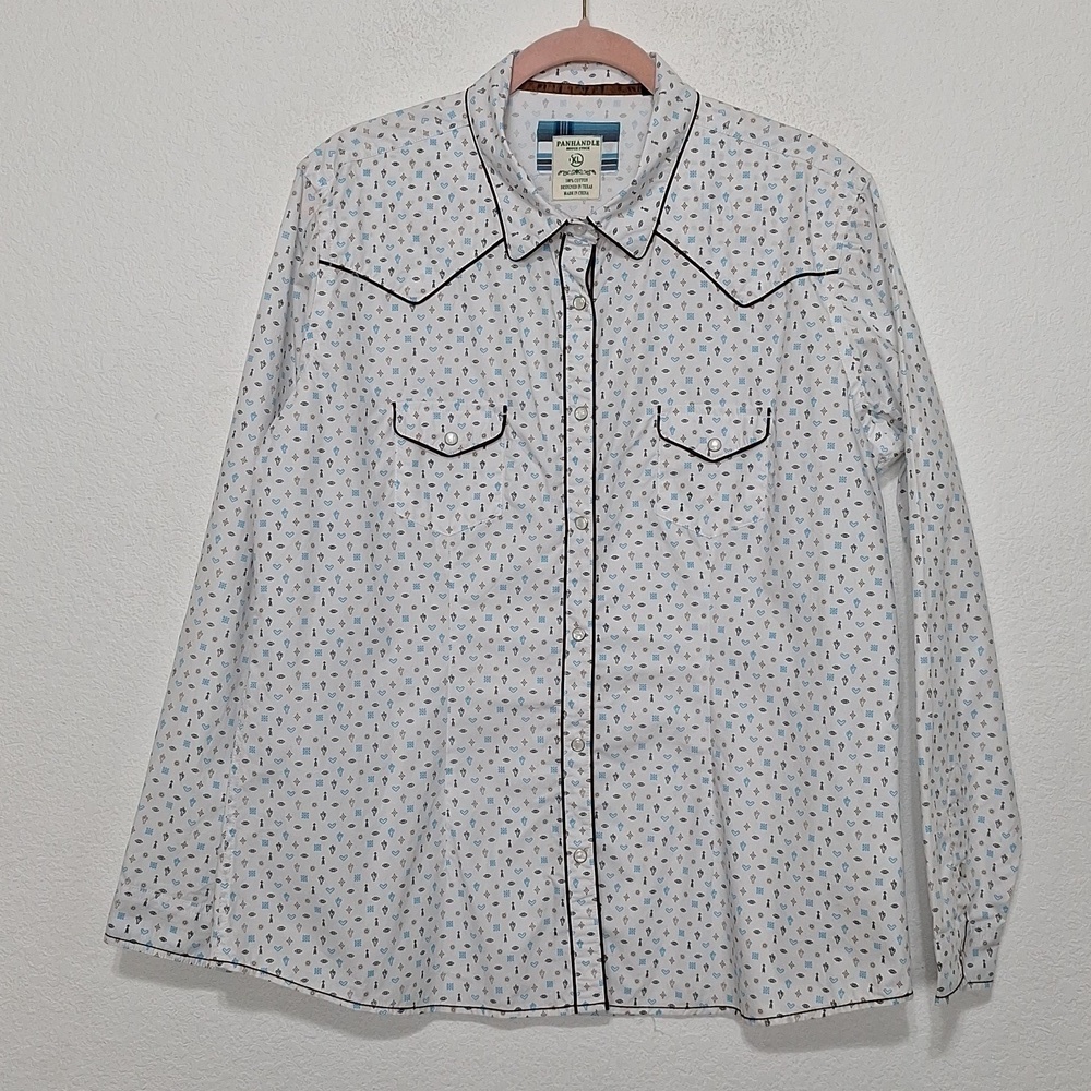 Panhandle Slim White Western Button-Down Shirt with Blue and Tan Microprint